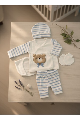Balbeybi Yenidoğan Ayıcıklı 5 Parça Bebek Hastane Çıkış Seti %100 Pamuk Unisex Kutulu Set Beyaz