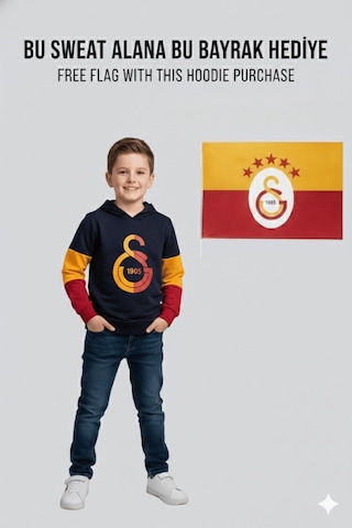 Gsstore Galatasaray Lisanslı Logo Siyah Kapüşonlu Çocuk Sweat Bayrak Kırmızı - Siyah