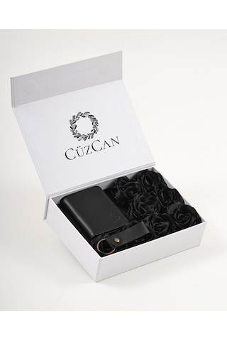 Premium Gift Rose Box - Roco Siyah Hakiki Deri Cüzdan - Anahtarlık Ve Siyah Gül Kutusu Siyah
