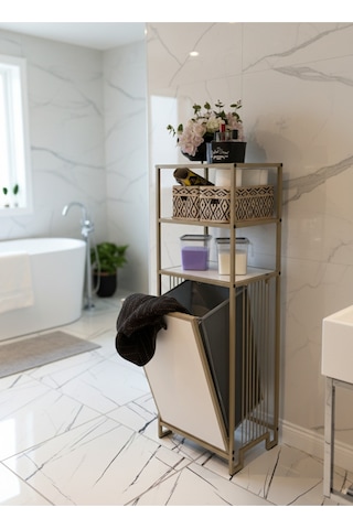 3 Raflı Çamaşır Sepeti Dolabı Metal Gövdeli Banyo Organizeri & Kirli Çamaşır Sepeti Cappucino Bej