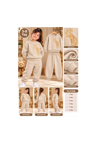 Üç Gül Ticaret 3-8 Yaş Unisex Zürafa Nakışlı 3 İplik Pamuklu Eşofman Takımı Krem Krem