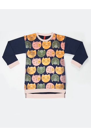 Denokids Kediler Kız Çocuk Lacivert Uzun Kollu Elbise