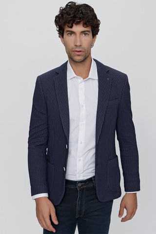 Morven Erkek Örme Çizgili Slim Fit Torba Cep Ceket 2009 Lacivert