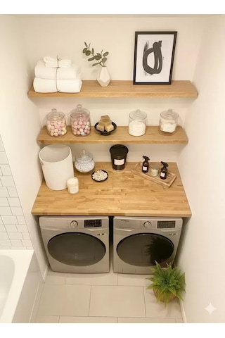 %100 Masif Ahşap Çamaşır Makinesi Ve Kurutma Makinesi Üstü Ve Duvar Rafları 120x60cm 30934803