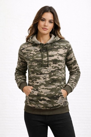 Primemagazam Kadın Kamuflaj Desenli 2 İplik 4 Mevsim Kapüşonlu Kanguru Cepli Hoodie Sweatshirt - Kamuflaj Çeşitli