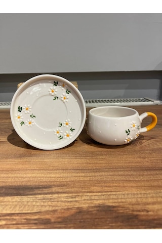 3'lü Papatya Desenli Tab Seramik Kupa, Mug, Türk Kahve, Filtre