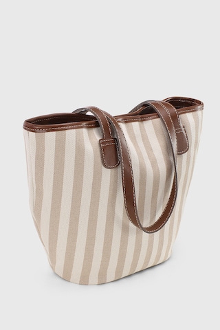 Housebags Krem Çizgili Deri Askılı Plaj Çantası Krem Çizgili
