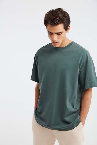 Grimelange Jett Erkek Oversize Fit %100 Organik Pamuk Kalın Dokulu Bisiklet Yakalı Koyu Yeşil T-shirt Koyu Yeşil