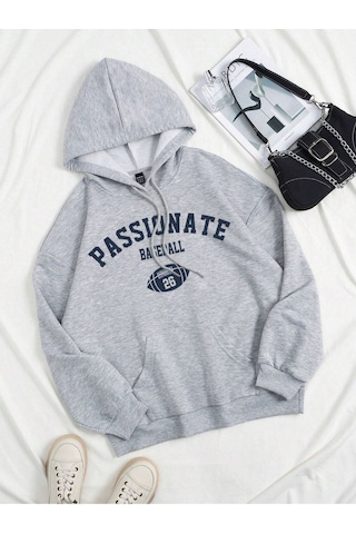 Passionate Baseball Sweatshirt - Gri Baskılı Oversize Kapüşonlu Gri