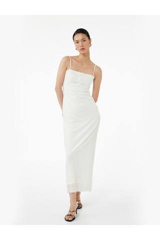 Koton İnce Askılı Fiyonklu Dokulu Bodycon Maxi Elbise Beyaz 5sak80005ek Beyaz