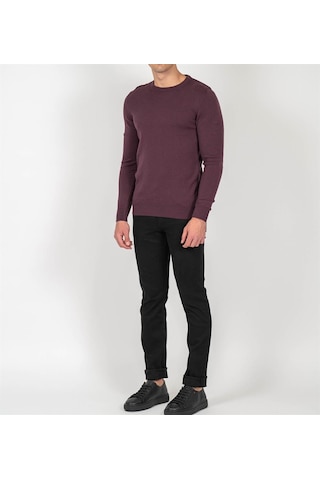 Erkek Bisiklet Yaka Triko Slim Fit Pamuklu Kazak Ncs Jeans 3002-Mürdüm-Melanj Mürdüm Melanj
