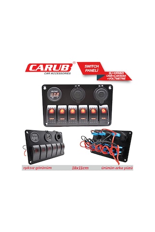 Carub Anahtar Switch Paneli 6 Lı Voltmetre + Usb + Çakmak Kırmızı Işıklı 18x11 Cm Br4630153
