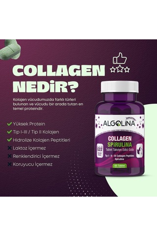 Collagen + Spirulina Tablet Takviye Edici Gıda - 1260 Mg 60 Tablet - Kolajen Tip 1 2 3