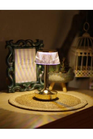 3 Işık Renkli Şarjlı Masa Lambası Gold Metal Görünümlü Gece Lamba