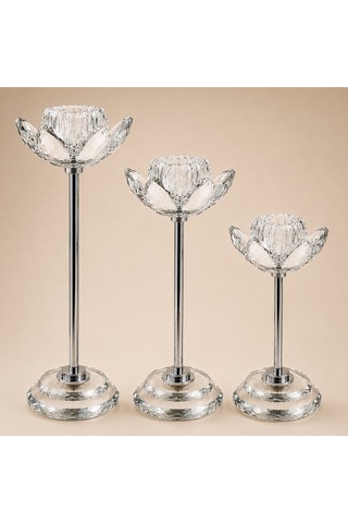 Kristal Lotus Şamdan 3'lü Gümüş Dekoratif Cam Mumluk