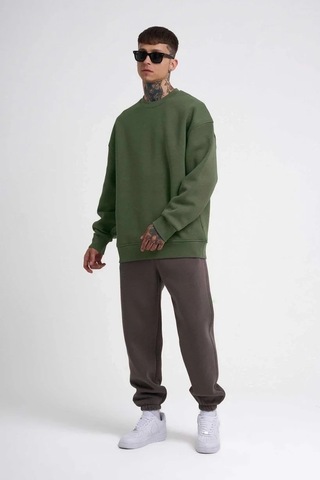 Luz&pos Erkek Biskilet Yaka Üç İplik Sweatshirt - Haki Haki