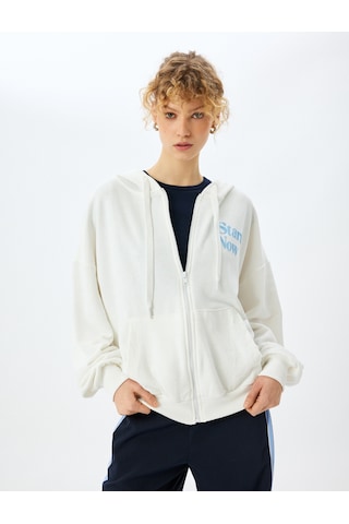 Koton Kapüşonlu Arkası Baskılı Fermuarlı Sweatshirt Ekru 5sal10558ık Ekru