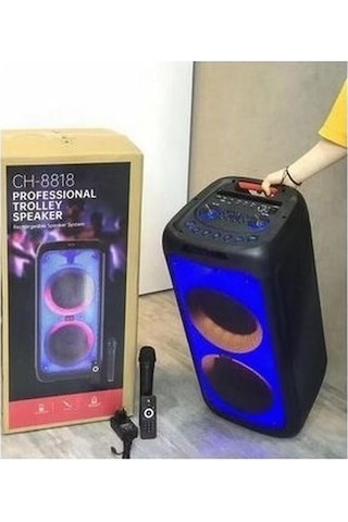Junglee Büyük Boy Kablosuz Mikrofonlu Bluetooth Hoparlör Taşınabilir Şarjlı Led Işıklı Speaker Party Box