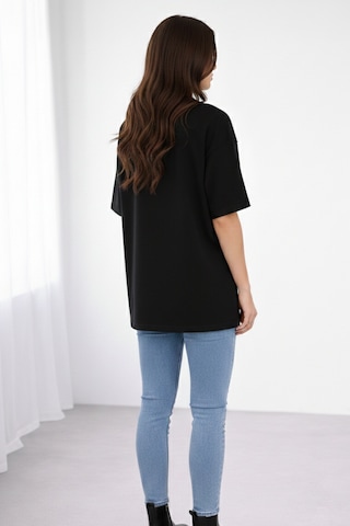 Soft&Basic Kadın %100 Organik Pamuk Baskılı Bisiklet Yaka T-shirt Siyah