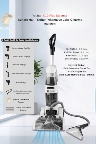 Youban K12 Plus Steamix Buharlı Halı Ve Koltuk Yıkama Makinesi Beyaz