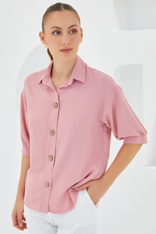 Bigdart Kadın Pembe Kısa Kol Oversize Keten Gömlek 20240 20240bgd19-035-14866 001