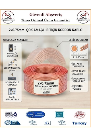Trendhomm 2x0,75 Bitişik Hoparlör Tesisat Kablosu - %100 Bakır - Şeffaf - 50 Metre