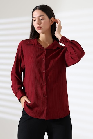 Ribana Regular Fit Uzun Kollu Durres Dokulu Kadın Gömlek Bordo