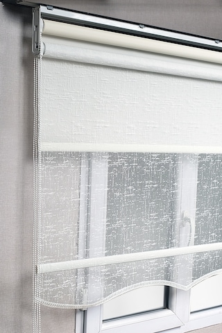 Çiftli Sistem Çizgili Kırık Beyaz Tül + Stor Güneşlik Perdeler