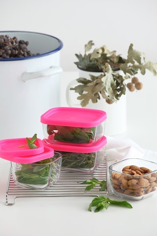 Lav Cube Cam Saklama Kabı Seti 3'lü Büyük Boy 1170 ml Pembe Plastik Kapaklı