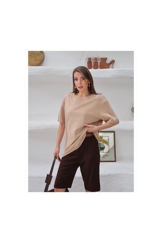 Paw Garage Kadın Mia İnterlok Kumaş Bisiklet Yaka Oversize T-shirt Bej