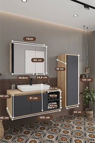 Lale 80 Cm Set %100 Mdf Lavabolu Banyo Dolabı Aynalı Dolap Boy Dolabı Antrasit