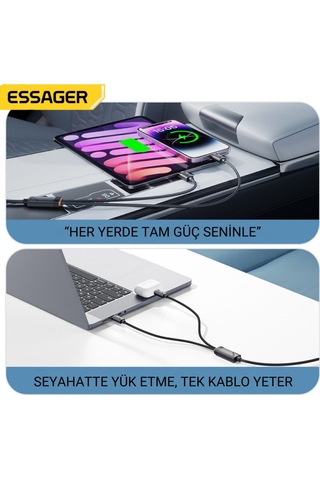 Essager 1.2 Metre 100w 2in1 Type C To 2x Type C Şarj Ve Data Kablosu, Çift Cihaz Desteği, Dayanıklı Örgülü Tasarım,