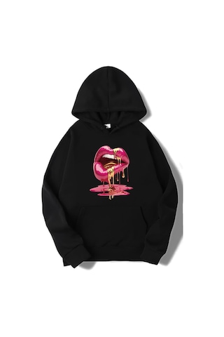 Brz Collection Unisex Oversize Casu Lip Dudak Hoodie Siyah Siyah