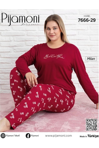 Pijamoni Kadın Milan Büyük Beden Bisiklet Yaka Uzun Kol İnce Pijama Takımı 7666/29 - 1 Adet Kırmızı