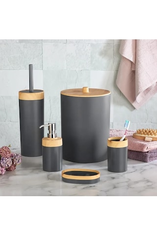Bersachef Limpia Bambu Desenli 5'li Banyo Seti Çöp Kovası Sıvı Sabunluk Diş Fırçalık Kutusu Banyo Seti Gri
