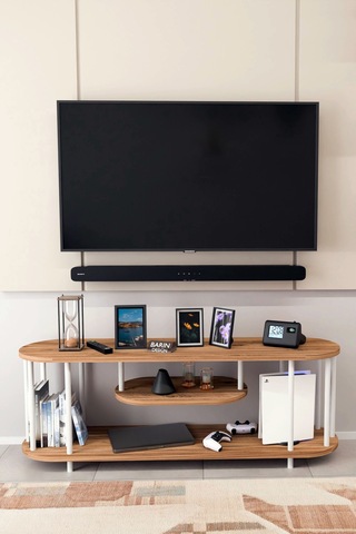 Modern Tv Ünitesi Ahşap Raflı 2 Katlı Televizyon Sehpası Minimalist,dayanıklı, Tv Standı Beyaz Demir Atlantik Çam