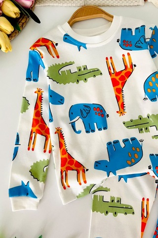 Minigimin Cicileri Hayvan Figür Baskılı Pamuklu Erkek Çocuk Pijama Takımı - Ekru
