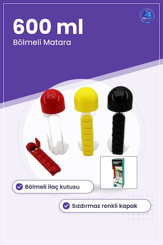 İlaç Kutusu Matara 600 Ml Plastik Suluk Bölmeli Günlük Hap Organi Çok Renkli