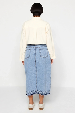 Benerly Kadın Büyük Beden Yüksek Bel A-line Midi Denim Etek Ön Yırtmaçlı Mavi