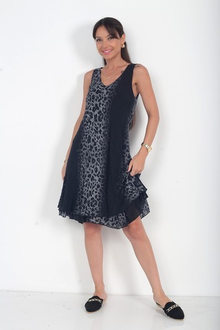 By Saygı Kadın İtalyan Cotton Leopar Desenli Astarlı Sıfır Kol Midi Elbise Siyah