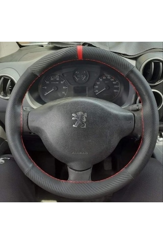 Dikişli Direksiyon Kılıfı Karbon / Nokta Deri Kırmızı Yüzük Kırmızı Dikişli Peugeot Partner İçin Siyah