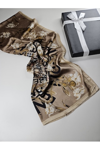 Miorel Scarfs Yeni Sezon Çiçek Desen Ekose Zincir Vual İpek Şal Premium Bej