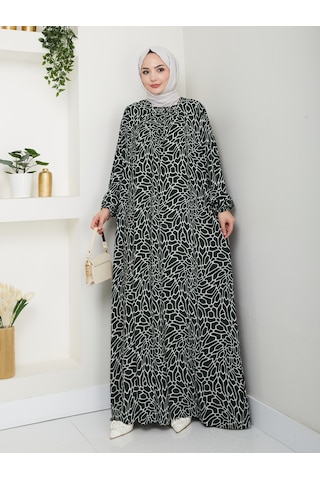 Desenli Önü Büzgülü Viskon Elbise - Haki / E0131 Haki