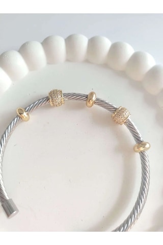 Çelik Gümüş Taşlı Kadın Kelepçe Bileklik Sevgiliye Hediye Gümüş