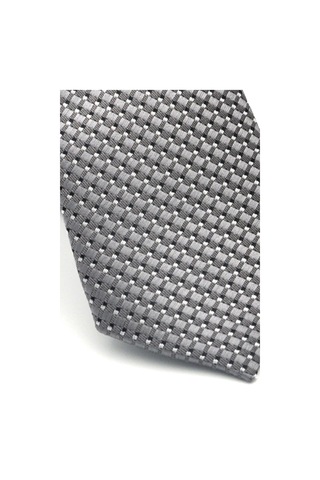 Beyaz Küçük Kare Desenli Gri Dokuma Kumaş Mendilli Slim Fit Kravat // Sdk-2511-4 Gri