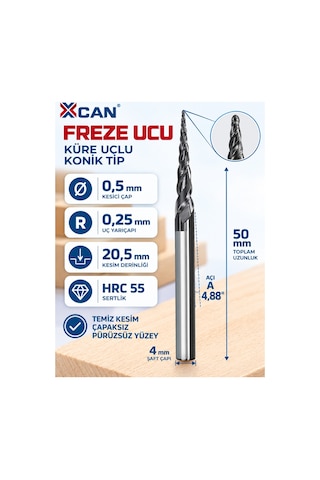 Konik Küresel Cnc Freze Ucu R0.25 Ø0.5 Mm 4 Mm Şaft 50 Mm Konik Küresel Cnc Freze Ucu R0.25 Ø0.5 Mm 4 Mm Şaft 50 Mm
