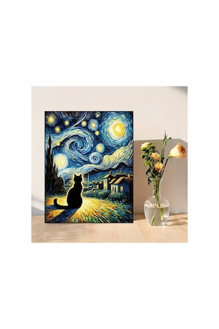 Van Gogh Esinli Siyah Kedi 5d Elmas Boyama Kiti Yıldızlı Gece Yuvarlak Taşlı Çerçevesiz Tuval