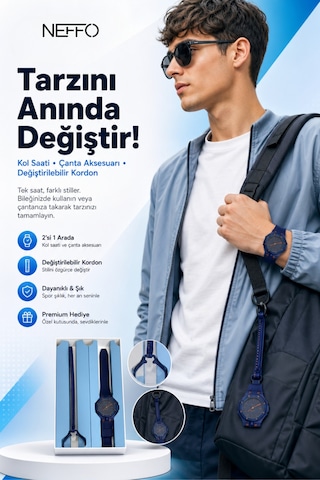 2'si 1 Arada Spor Kol Saati Değiştirilebilir Kordonlu Çanta Askılı Unisex Lacivert
