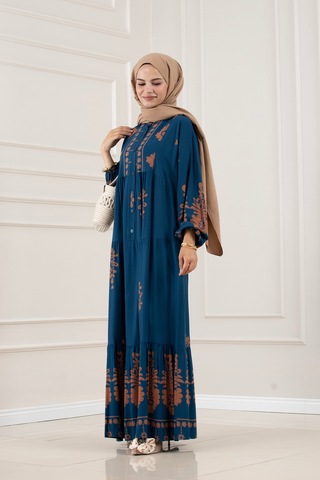 Sevitli Yarım Düğmeli Robalı Nesrin Elbise-mavi-5838