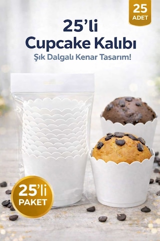 Cupcake Kalıbı & Kek Kapsülü & Muffin Kek Kalıbı & 25 Adet - Beyaz Kek Kalıbı Beyaz
